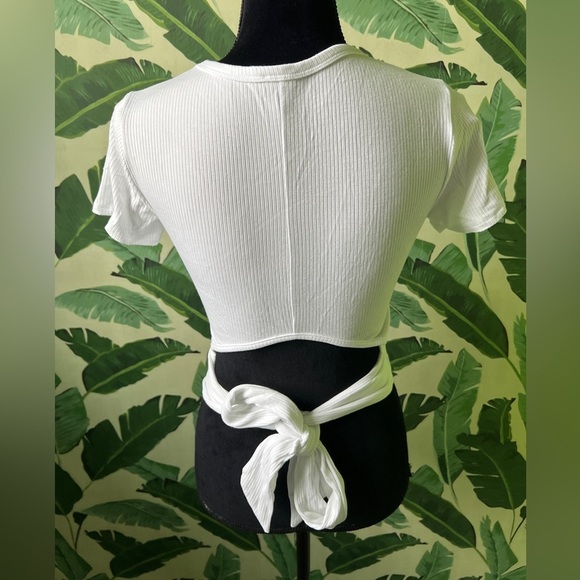 Garage White Ribbed Baby Tee Tie Back Cropped Top Size M - Picture 3 of 4